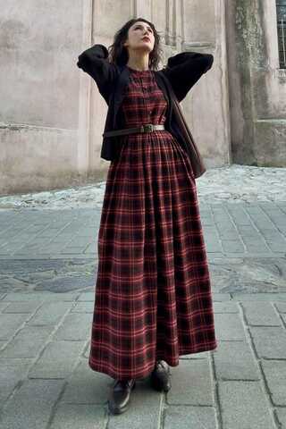 Checked Pattern Jumper Dress Burgundy - 5