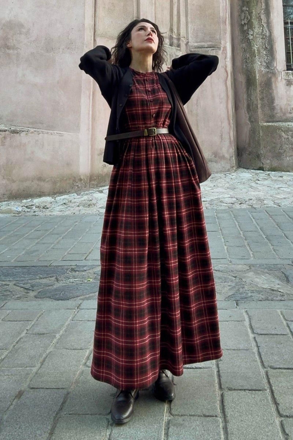 Checked Pattern Jumper Dress Burgundy - 5