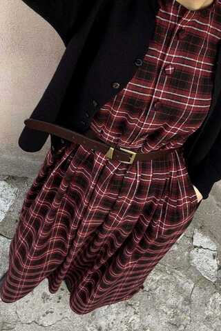 Checked Pattern Jumper Dress Burgundy - 2