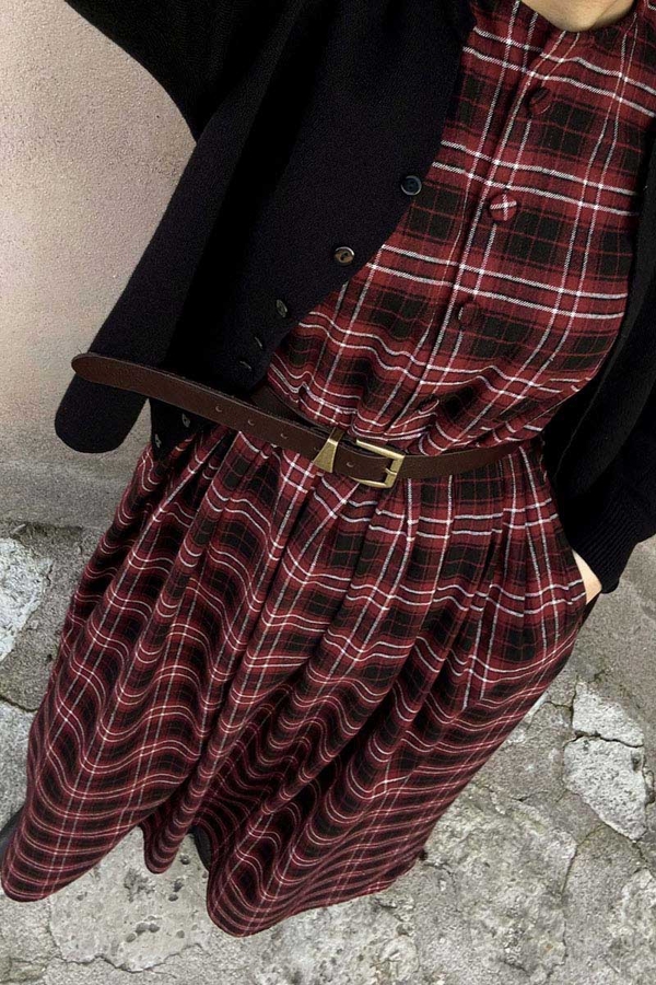 Checked Pattern Jumper Dress Burgundy - 2