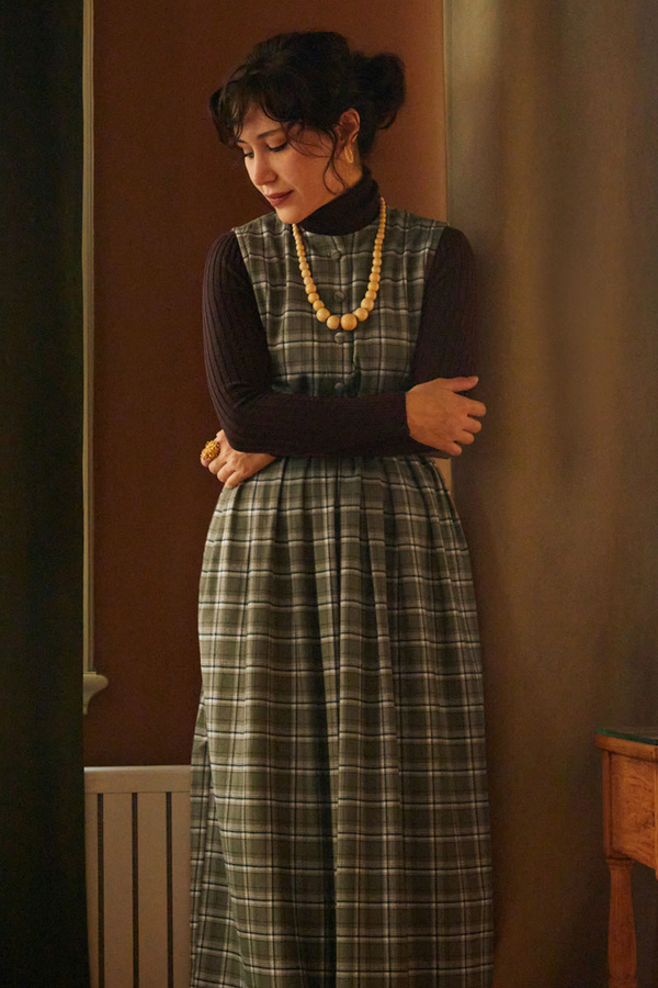 Checked Pattern Jumper Dress Khaki - 7