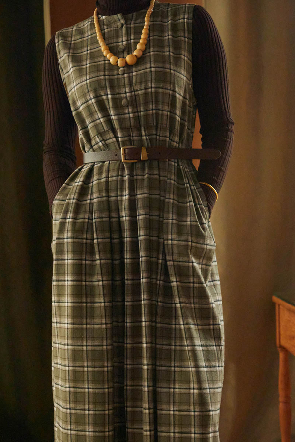 Checked Pattern Jumper Dress Khaki - 4