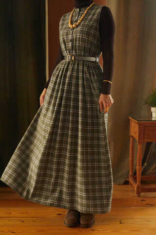 Checked Pattern Jumper Dress Khaki - 1