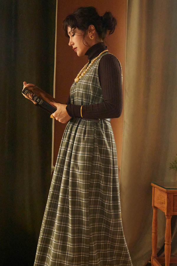 Checked Pattern Jumper Dress Khaki - 5