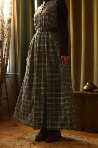 Checked Pattern Jumper Dress Khaki - 6