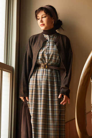 Checked Pattern Jumper Dress Mink - 6