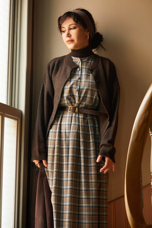 Checked Pattern Jumper Dress Mink - 6