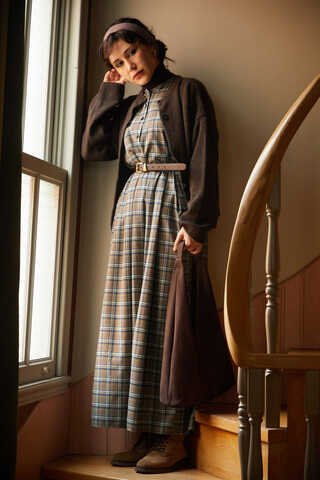 Checked Pattern Jumper Dress Mink - 4