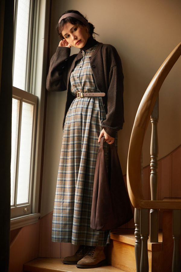 Checked Pattern Jumper Dress Mink - 4