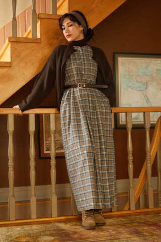 Checked Pattern Jumper Dress Mink - 2