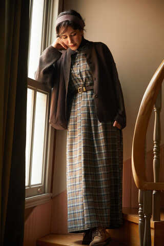 Checked Pattern Jumper Dress Mink - 12