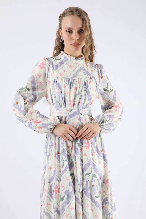 Çiçekli Aura Elbise Lila - 2