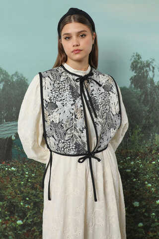 Çiçek Baskılı Yelek Siyah - 5