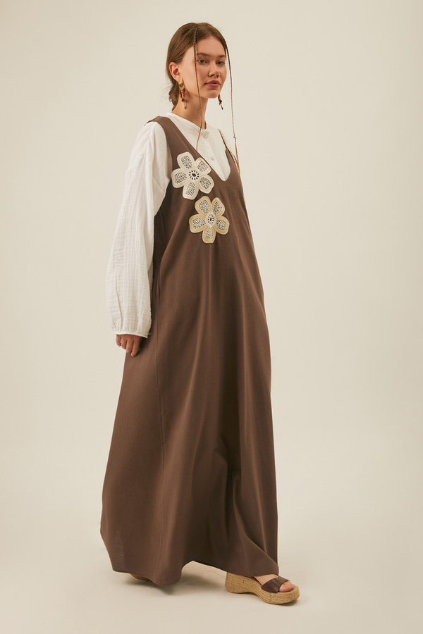 Çiçek Dantelli Jile Kahverengi - 6