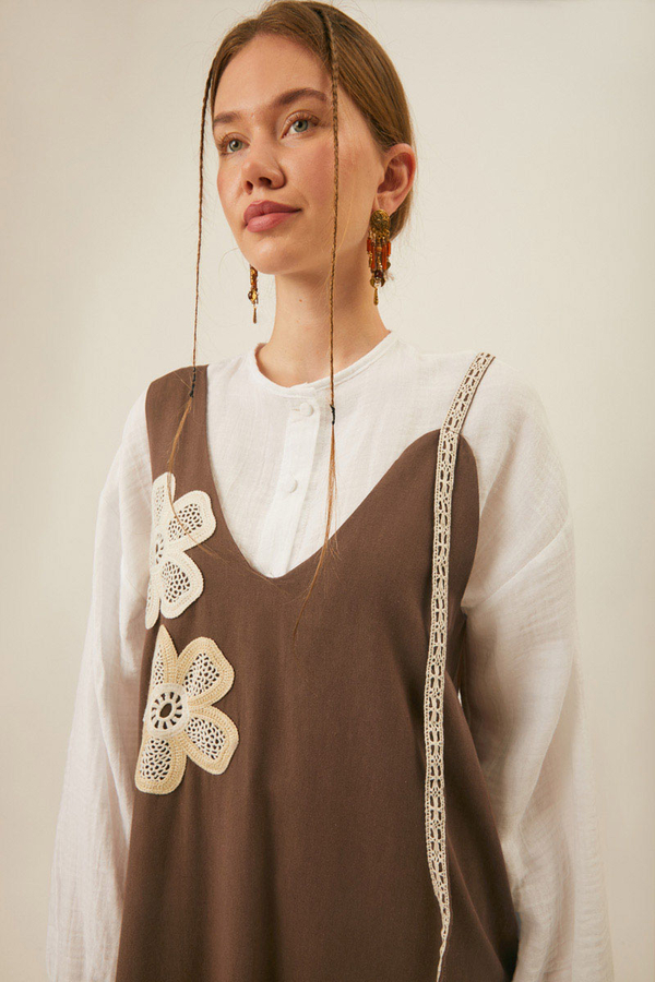 Çiçek Dantelli Jile Kahverengi - 11