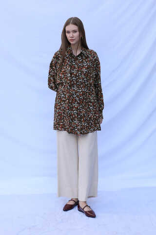 Çiçek Desenli Bağlamalı Tunik Gömlek Kahverengi - 1