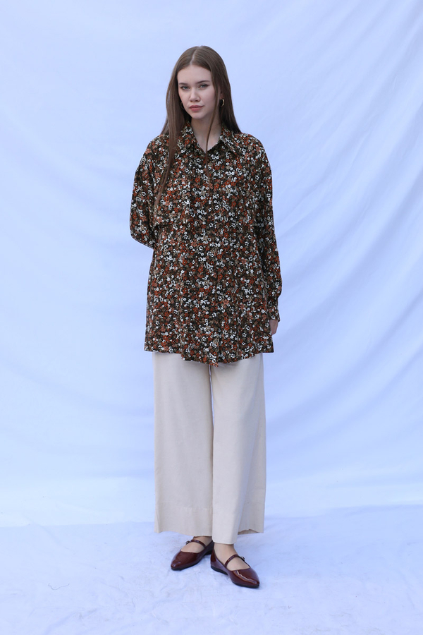 Çiçek Desenli Bağlamalı Tunik Gömlek Kahverengi - 1