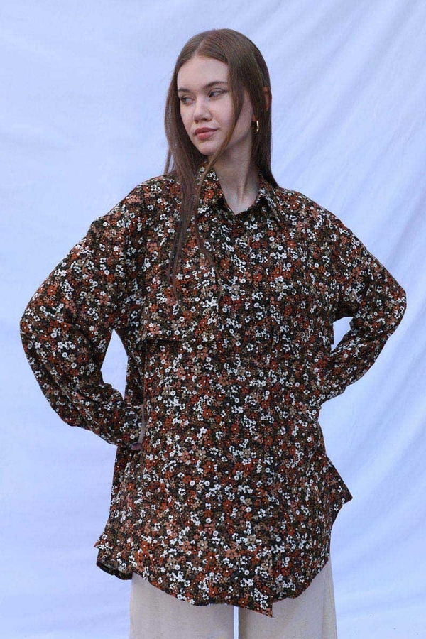 Çiçek Desenli Bağlamalı Tunik Gömlek Kahverengi - 2