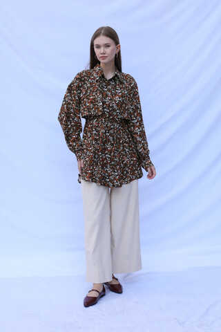 Çiçek Desenli Bağlamalı Tunik Gömlek Kahverengi - 4