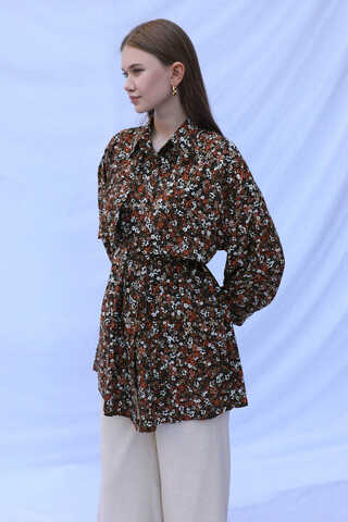 Çiçek Desenli Bağlamalı Tunik Gömlek Kahverengi - 5