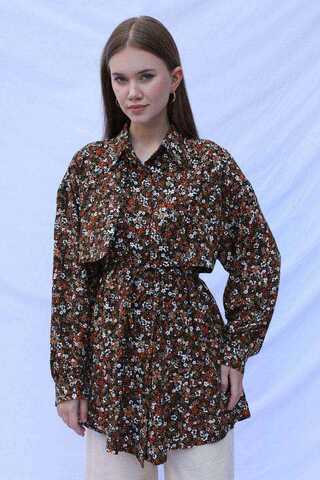 Çiçek Desenli Bağlamalı Tunik Gömlek Kahverengi - 6