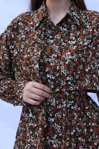 Çiçek Desenli Bağlamalı Tunik Gömlek Kahverengi - 7