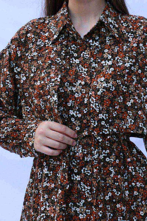 Çiçek Desenli Bağlamalı Tunik Gömlek Kahverengi - 7