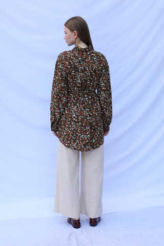 Çiçek Desenli Bağlamalı Tunik Gömlek Kahverengi - 8