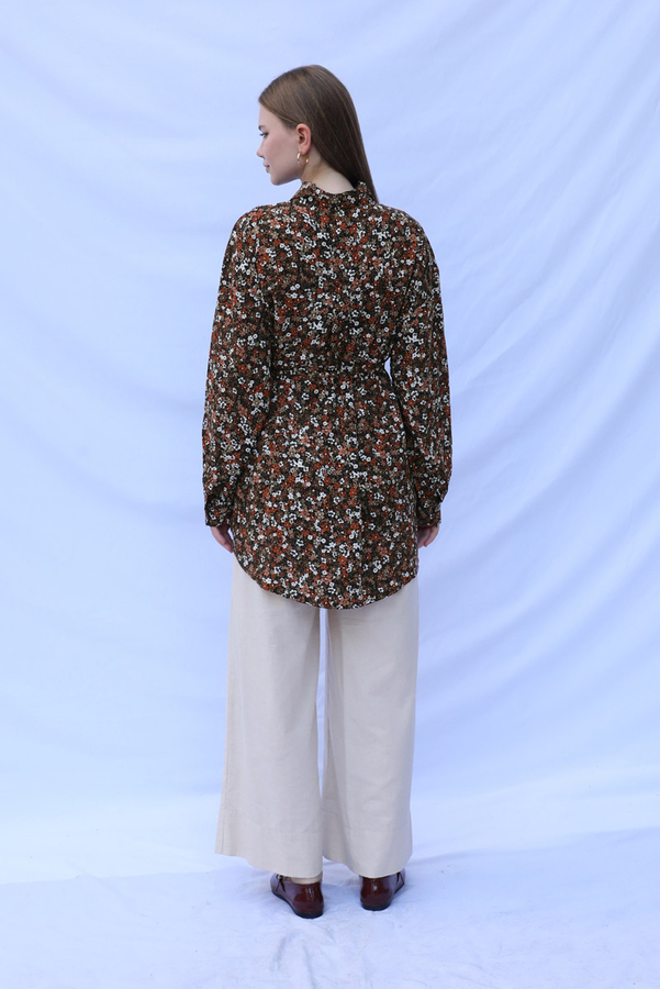 Çiçek Desenli Bağlamalı Tunik Gömlek Kahverengi - 8