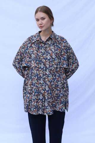Çiçek Desenli Bağlamalı Tunik Gömlek Mavi - 2