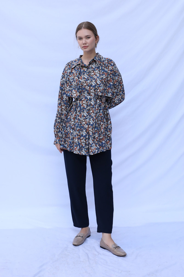 Çiçek Desenli Bağlamalı Tunik Gömlek Mavi - 4
