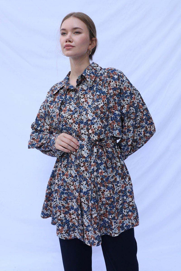 Çiçek Desenli Bağlamalı Tunik Gömlek Mavi - 5
