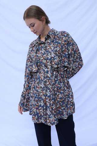 Çiçek Desenli Bağlamalı Tunik Gömlek Mavi - 6