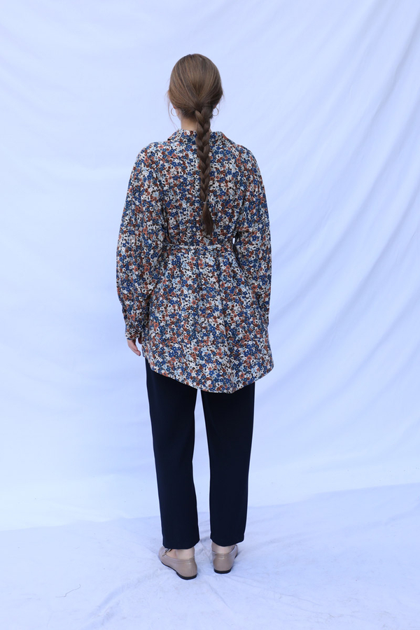 Çiçek Desenli Bağlamalı Tunik Gömlek Mavi - 8