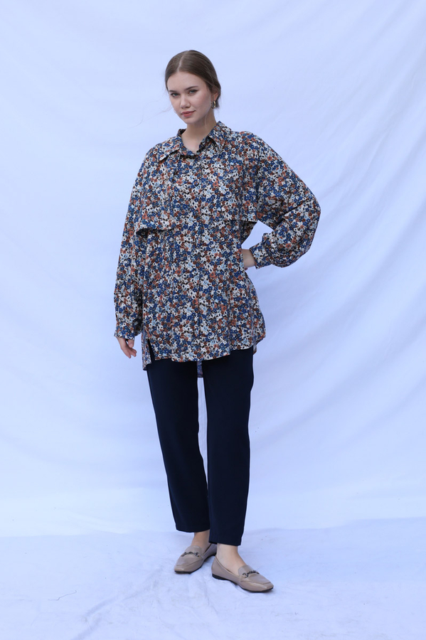 Çiçek Desenli Bağlamalı Tunik Gömlek Mavi - 1