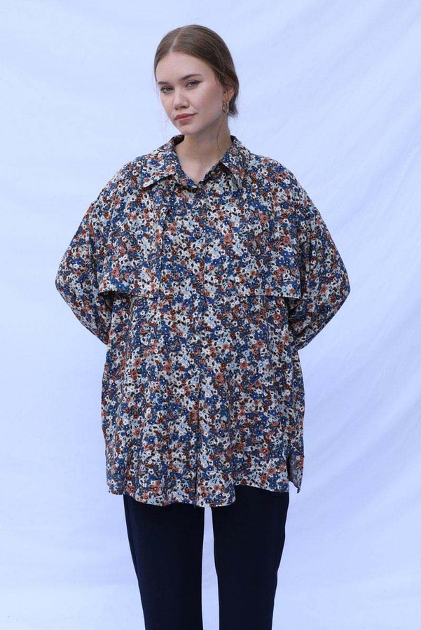 Çiçek Desenli Bağlamalı Tunik Gömlek Mavi - 2