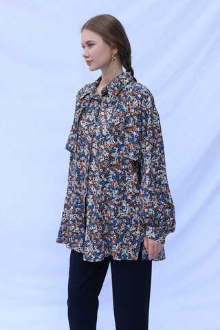 Çiçek Desenli Bağlamalı Tunik Gömlek Mavi - 3