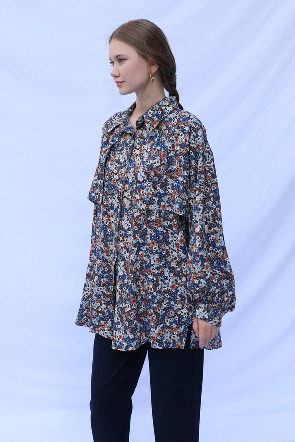 Çiçek Desenli Bağlamalı Tunik Gömlek Mavi - 3