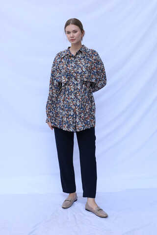 Çiçek Desenli Bağlamalı Tunik Gömlek Mavi - 4