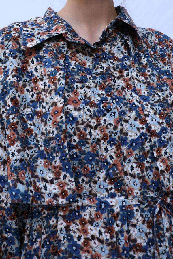Çiçek Desenli Bağlamalı Tunik Gömlek Mavi - 7