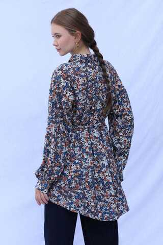 Çiçek Desenli Bağlamalı Tunik Gömlek Mavi - 9
