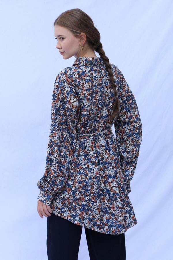 Çiçek Desenli Bağlamalı Tunik Gömlek Mavi - 9