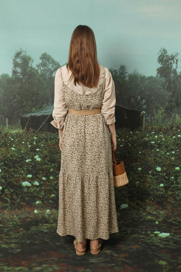 Çiçek Desenli İnce Askılı Elbise Kahve - 11