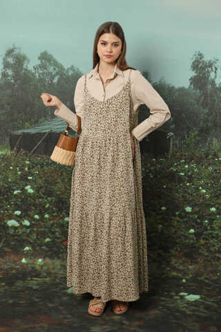 Çiçek Desenli İnce Askılı Elbise Kahve - 5