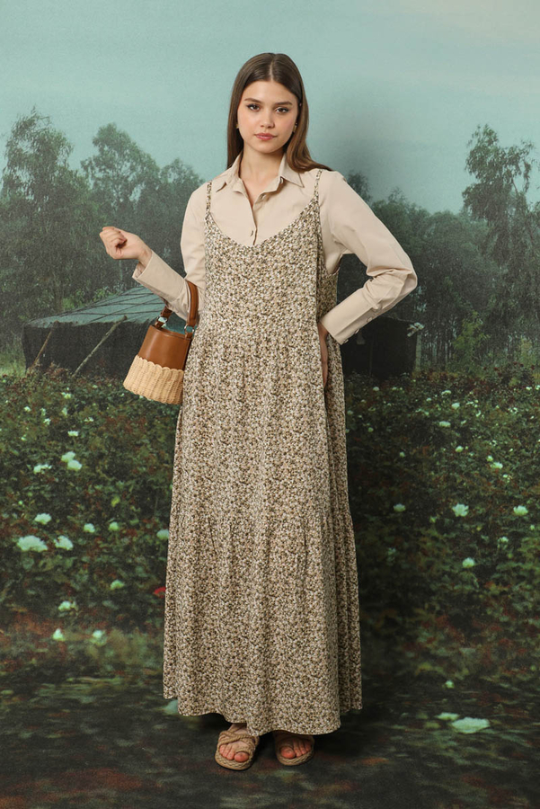 Çiçek Desenli İnce Askılı Elbise Kahve - 5