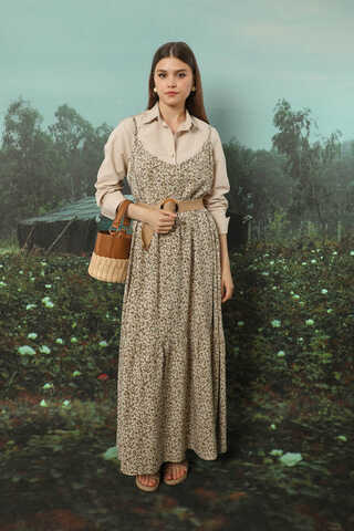 Çiçek Desenli İnce Askılı Elbise Kahve - 7