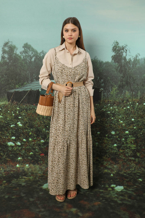 Çiçek Desenli İnce Askılı Elbise Kahve - 7