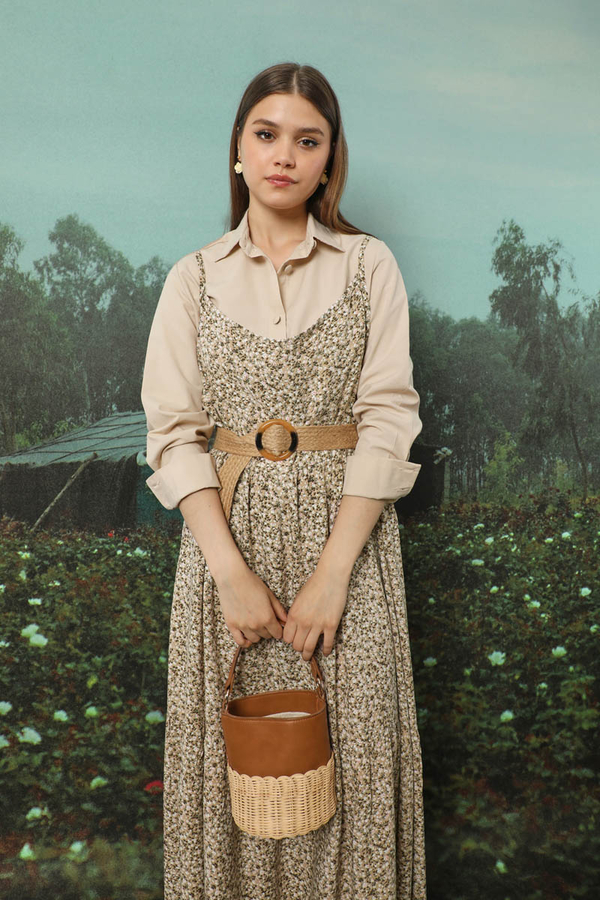 Çiçek Desenli İnce Askılı Elbise Kahve - 6