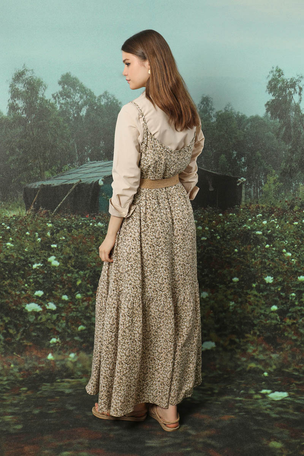 Çiçek Desenli İnce Askılı Elbise Kahve - 10