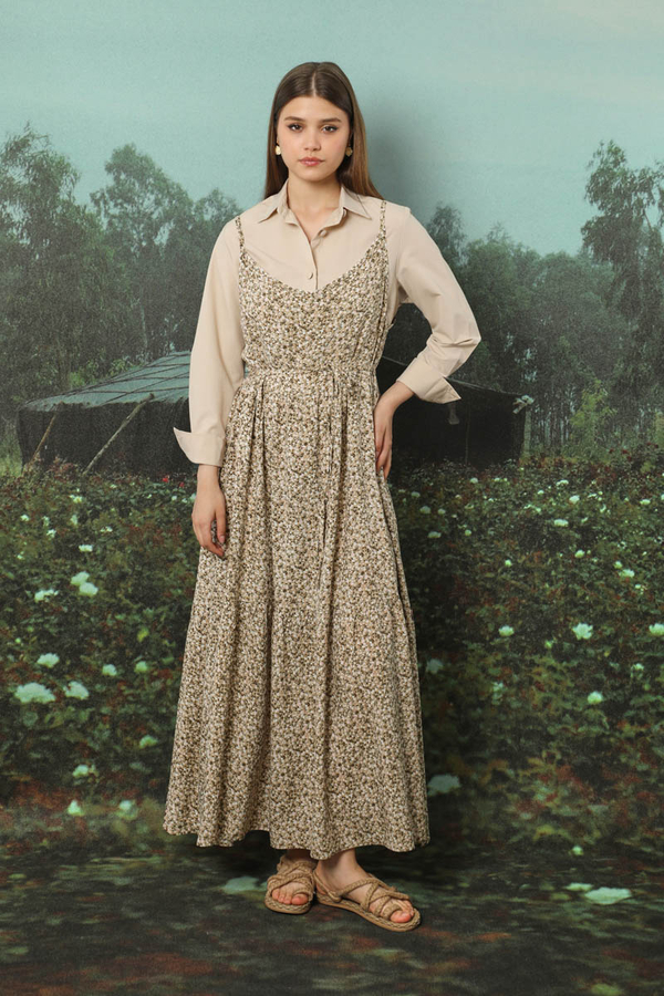 Çiçek Desenli İnce Askılı Elbise Kahve - 9